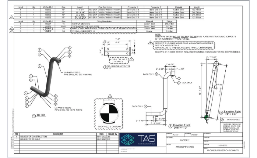 Engineering fabrication drawing for a pipe rack