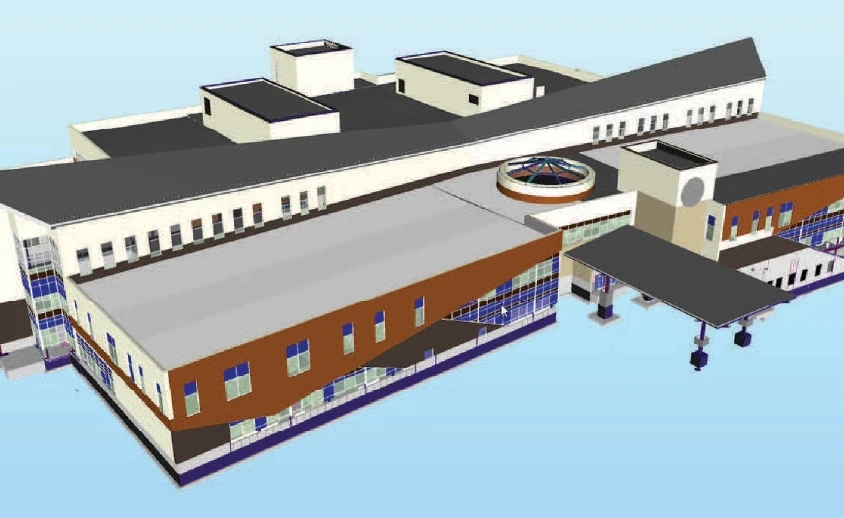 3D architectural rendering of a multi-wing healthcare building