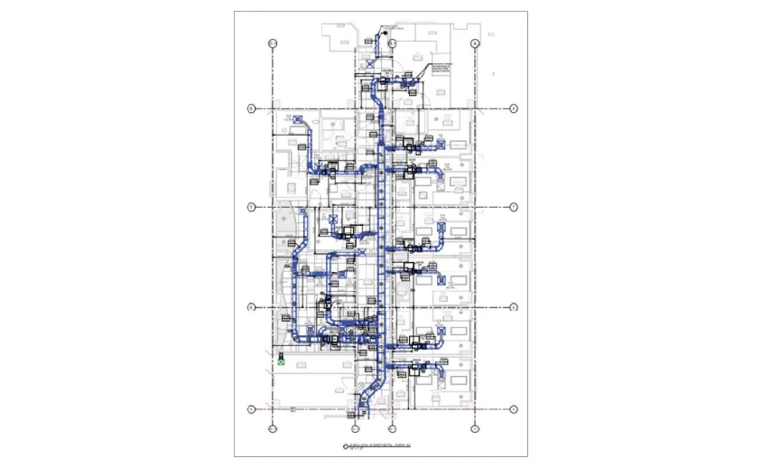 Duct installation shop drawing with blue-highlighted duct paths