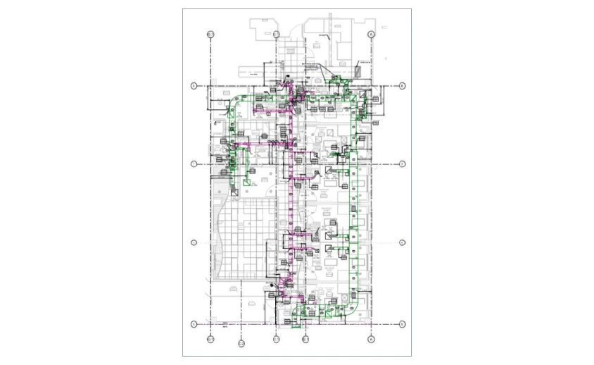 Ducting shop drawings with green-highlighted duct & MEP paths