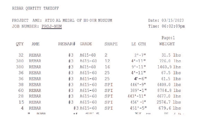 Rebar Quantity Take-off Report Format