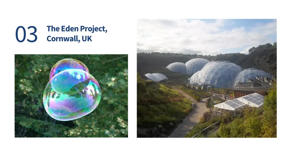 Split-screen displaying soap bubbles structural geometry next to the hexagonal ETFE biomes at The Eden Project in Cornwall