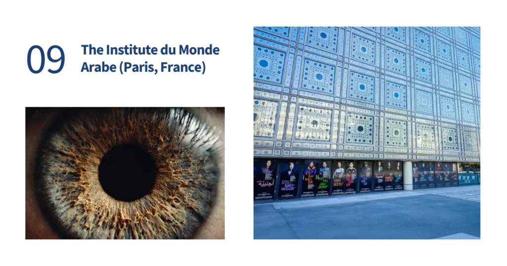 Split-screen showing a close-up of a human eye iris beside the motorized geometric aperture facade of the Institut du Monde Arabe in Paris